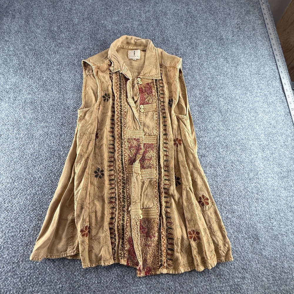 Ann Mai Tan Embroidered Patchwork Sleeveless Button Down Vest Medium India